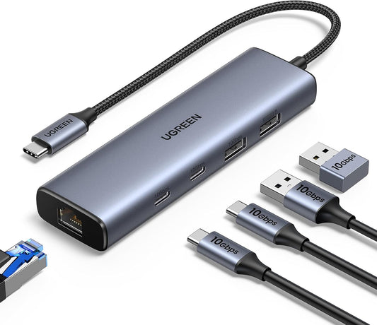 UGREEN USB C Hub Ethernet, 10Gbps USB 3.2 Ethernet Adapter with 2 X USB-C Port,