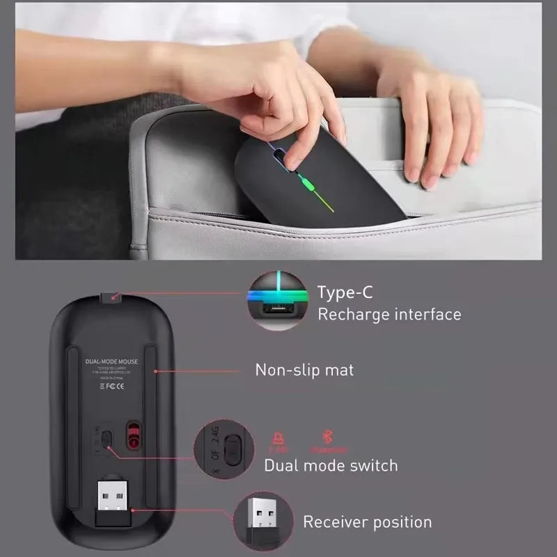 LED Wireless Mouse USB Rechargeable Bluetooth-Compatible RGB Mouse Silent Ergonomic Mouse with Backlight for Laptop PC Ipad